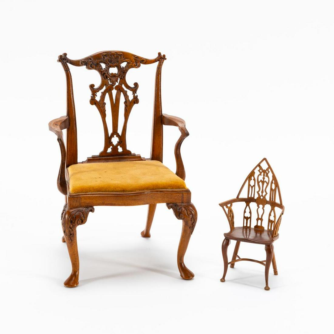 MINIATURE WOODEN CHIPPENDALE & WINDSOR CHAIRS, 2PC (1 of 9)