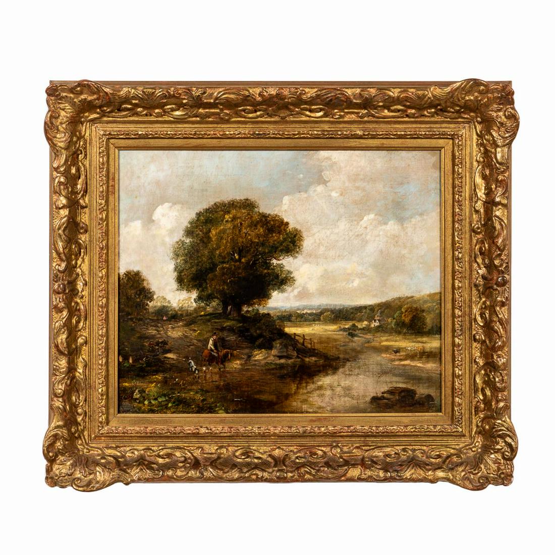 19TH C ENGLISH LANDSCAPE WITH TRAVELER & DOG, OIL (1 of 5)