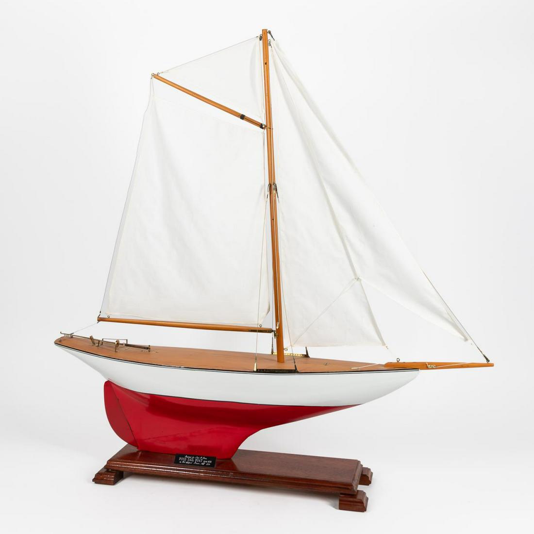 LARGE POND SAILBOAT ON MAHOGANY STAND, C. 1930 (1 of 7)
