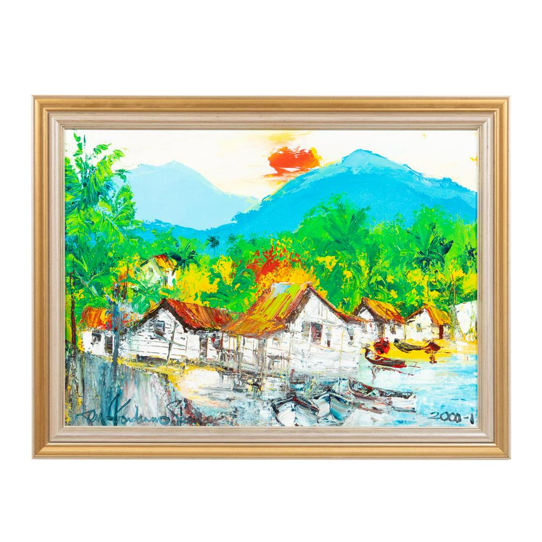 KEN SPENCER, VILLAGE BY WATER, OIL ON CANVAS, 2000: Kenneth Abondarno Spencer (Jamaican, 1929-2005). "Village Scene, Jamaica" -2000, oil on canvas. Signed lower left, dated lower right, stamped on verso. Provenance: The Private Collection of Mr. Noel F