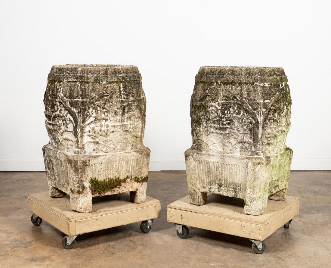 PAIR, LARGE CAST STONE FLOWERING VINE GARDEN URNS (1 of 4)