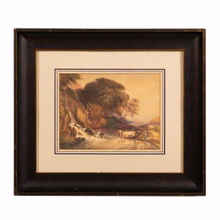 PAUL SANDBY, ENGLISH LANDSCAPE WATERCOLOR: Paul Sandby (British, 1731-1809). "Landscape with Cows and Figures", watercolor. Signed lower right., framed. Approx. 27" x 31" (frame), 12.5" x 16.5" (sight)