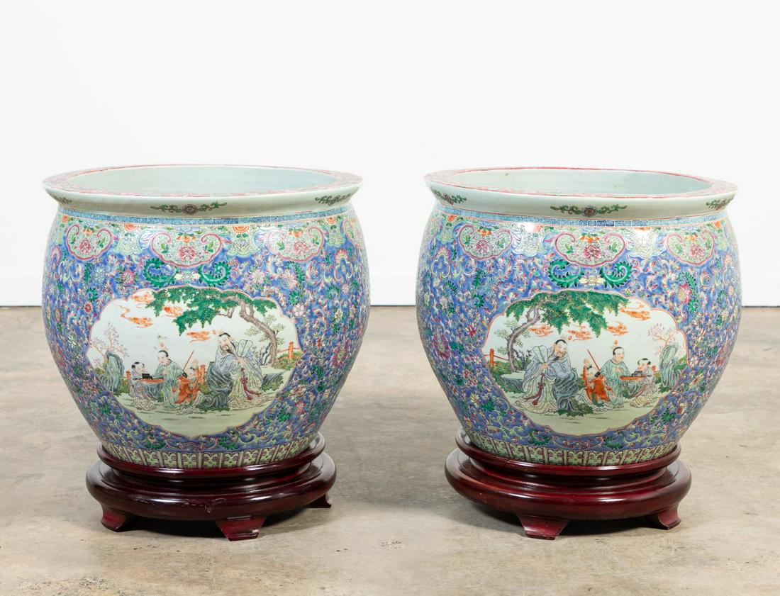 PAIR, MONUMENTAL CHINESE FISH BOWLS ON WOOD STANDS (1 of 8)