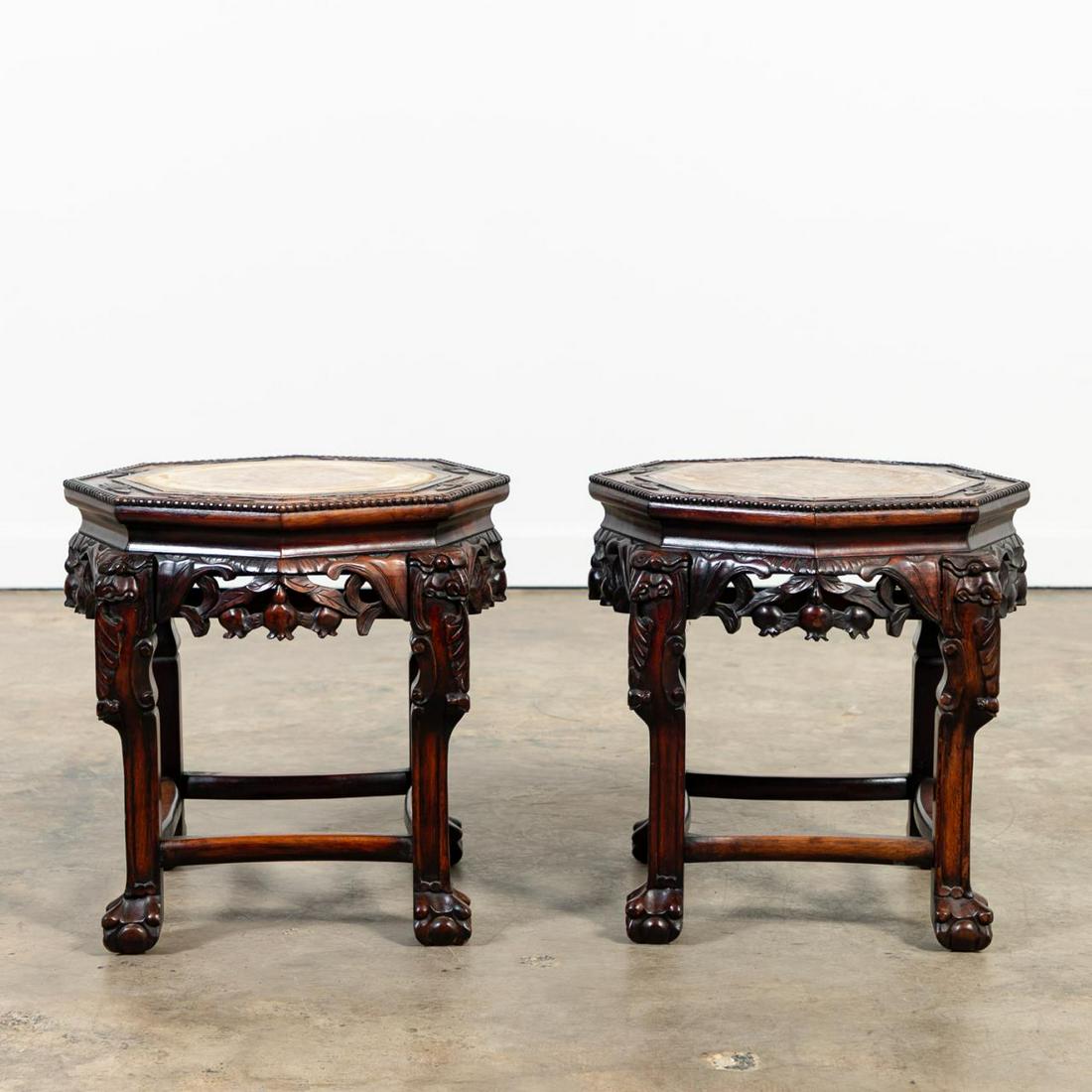 PAIR, CHINESE HARDWOOD MARBLE TOP SIDE TABLES (1 of 6)