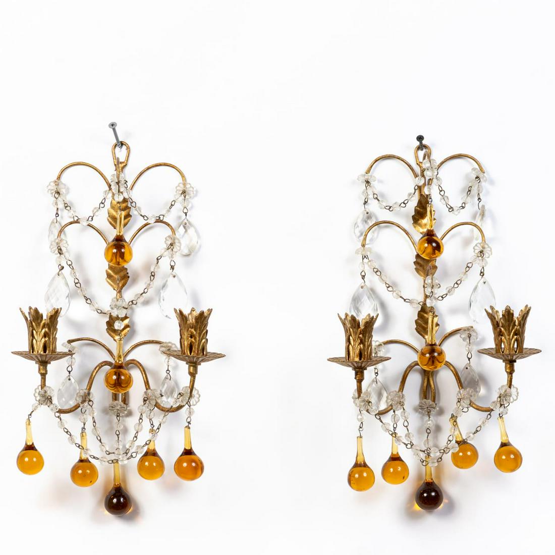 PAIR, ITALIAN TWO-LIGHT SCONCES, AMBER CRYSTAL (1 of 6)