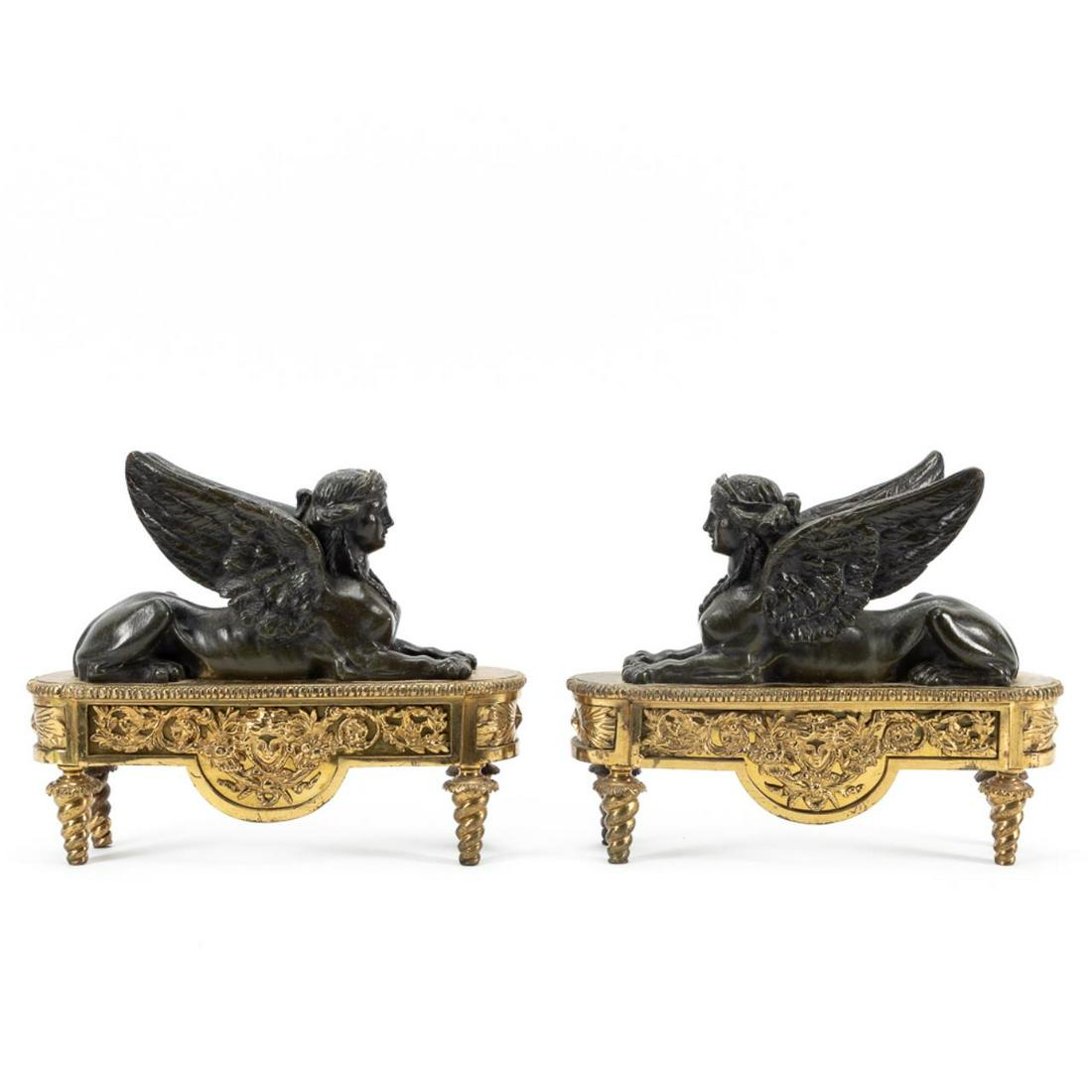PAIR, EMPIRE STYLE SPHINX FORM FIRE DOGS (1 of 5)