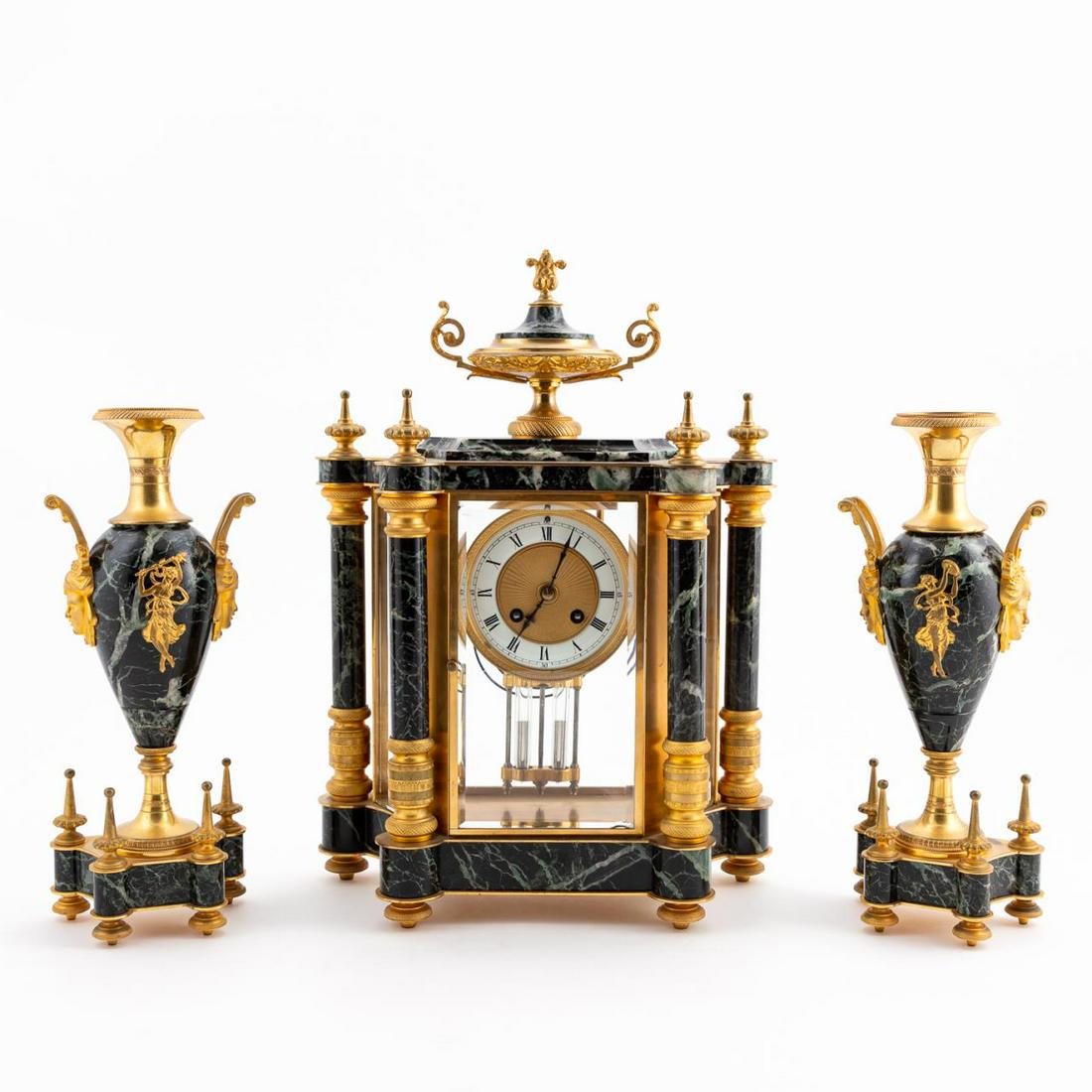 20TH C. FRENCH MARBLE & BRONZE CLOCK & URNS, 3PC (1 of 10)