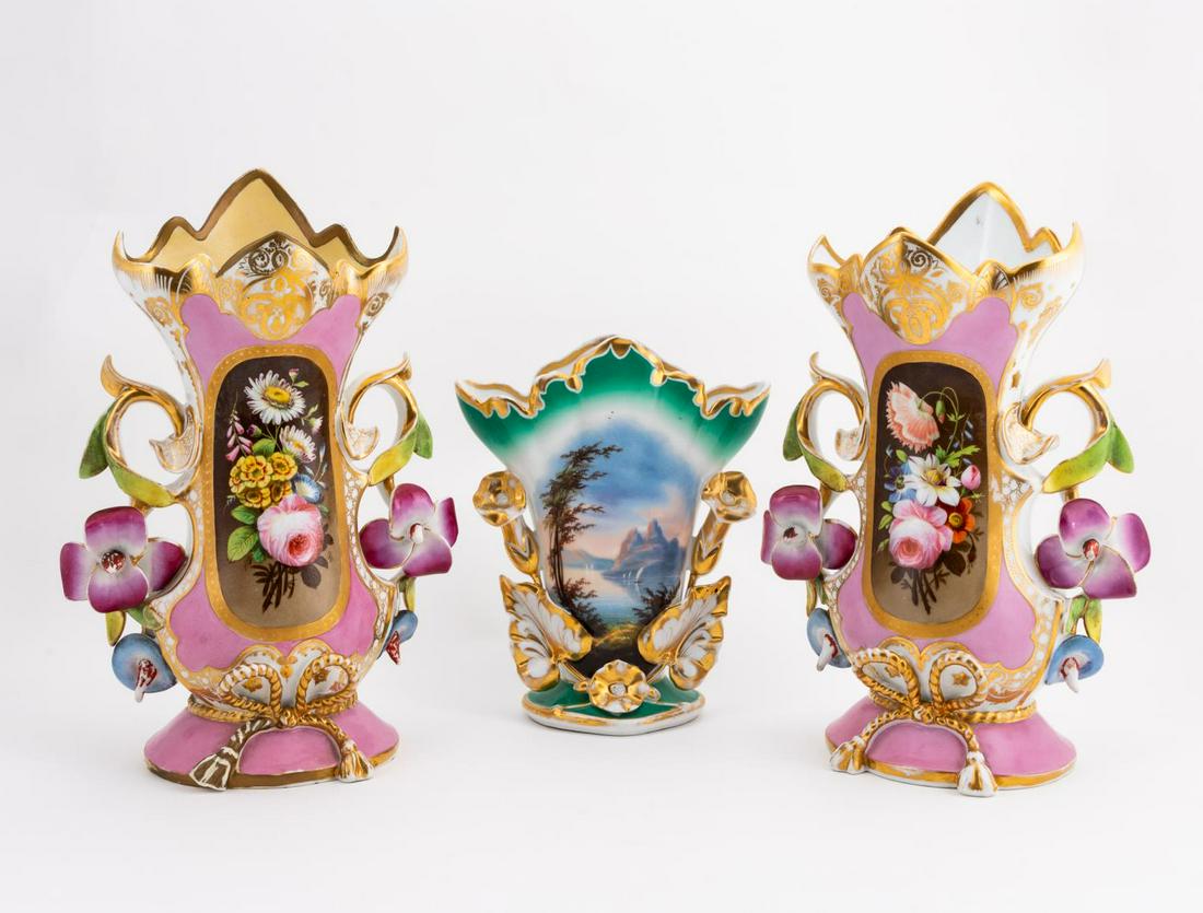 3 PCS, GREEN & PINK OLD PARIS FLARED FLORAL VASES (1 of 7)