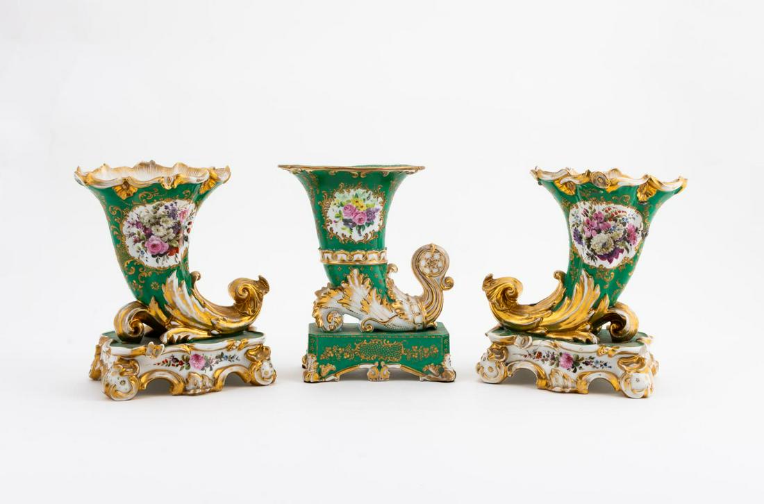 3 PCS, FRENCH OLD PARIS CORNUCOPIA VASES, GREEN (1 of 5)