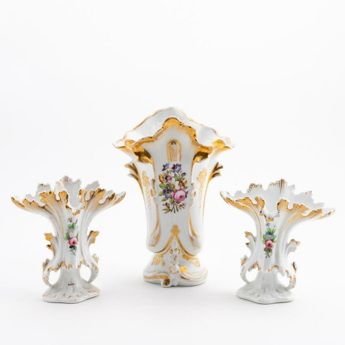 19TH C. PARIS PORCELAIN FLORAL SPILL VASES, 3PC (1 of 7)