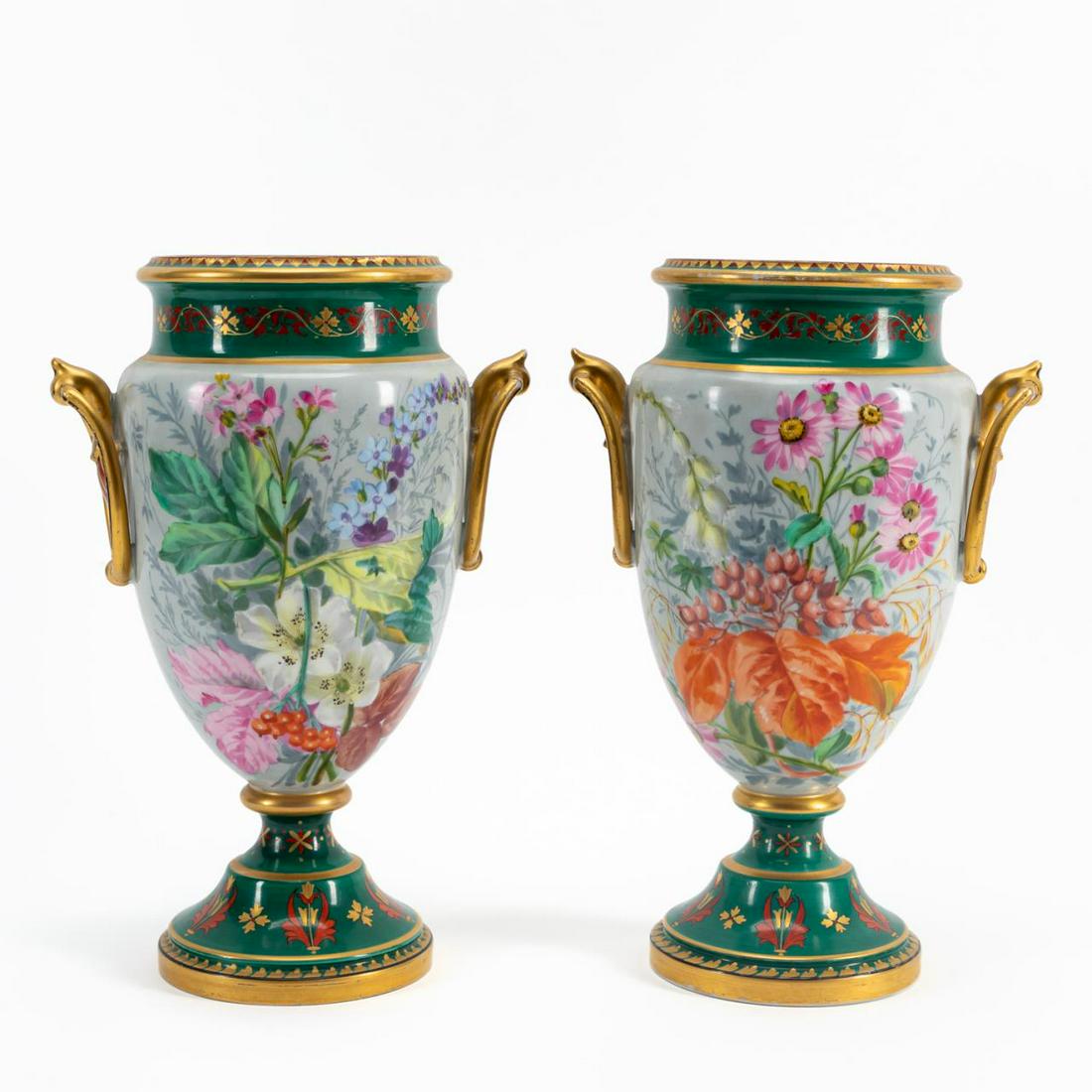 PAIR M. 19TH C. GREEN & FLORAL PORCELAIN VASES (1 of 6)