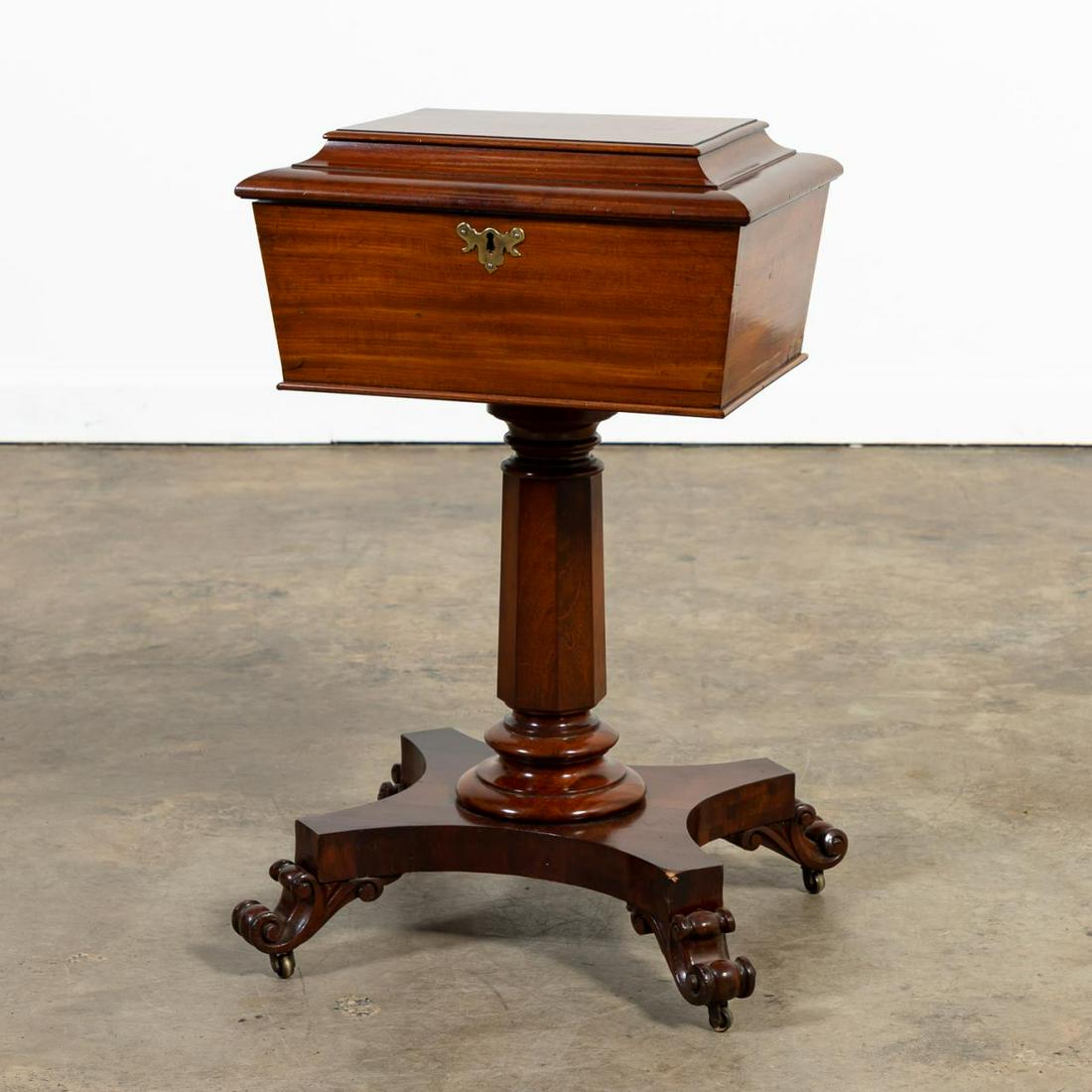 19TH C. ENGLISH MAHOGANY SARCOPHAGUS-FORM TEAPOY (1 of 8)