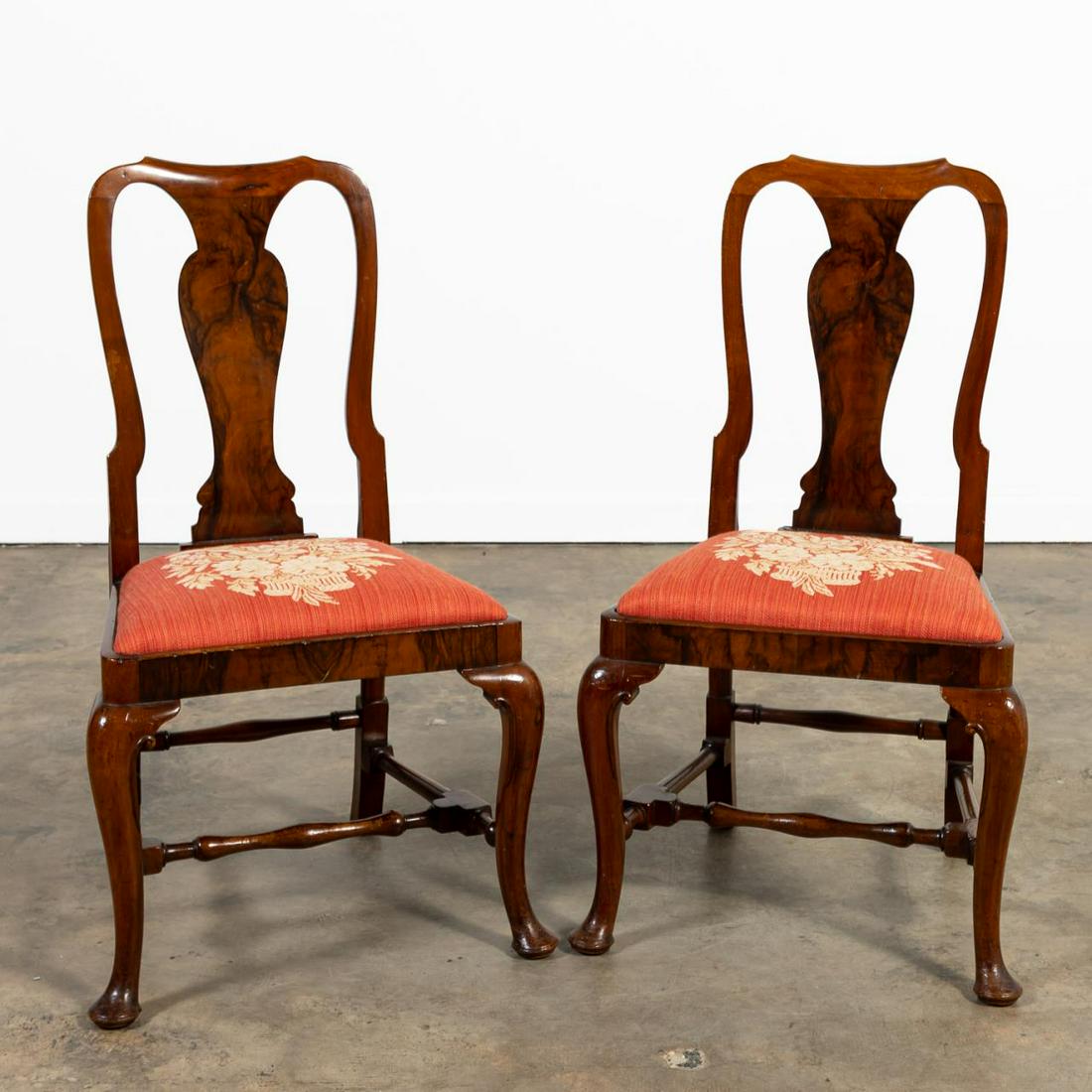 PAIR, ENGLISH QUEEN ANNE-STYLE BURL SIDE CHAIRS (1 of 6)