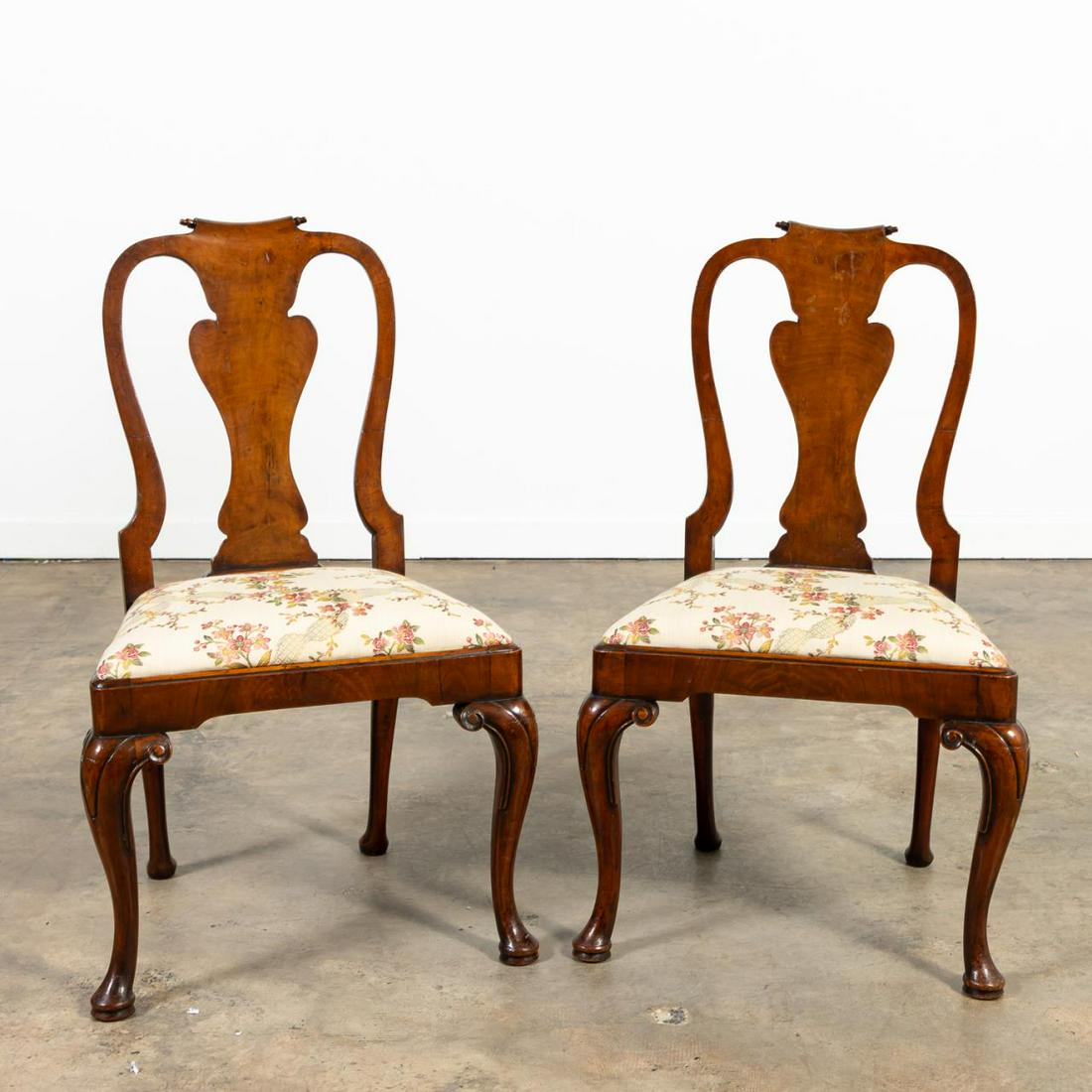 PAIR, QUEEN ANNE-STYLE BURL WALNUT SIDE CHAIRS (1 of 6)