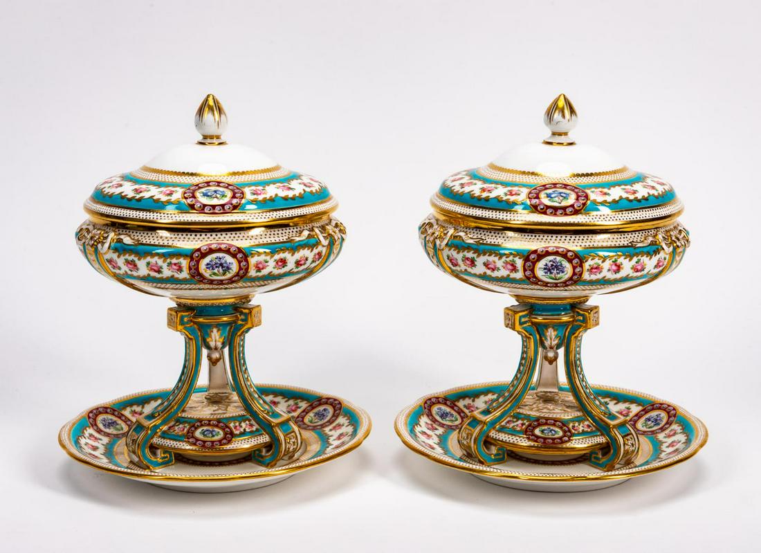 PR, ENGLISH PORCELAIN LIDDED TAZZE AND UNDERPLATES: English, likely Minton, mid-late 19th century. Pair of lidded sauce tureens decorated in turquoise with floral and gilt bow motif. Accompanied by underplates with lion crest. Impressed date mark, and 