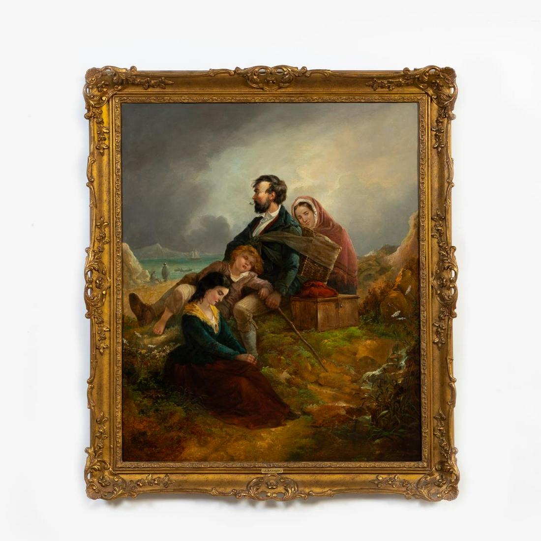 19TH C. OIL ON CANVAS, FAMILY BY SEA, FRAMED (1 of 5)