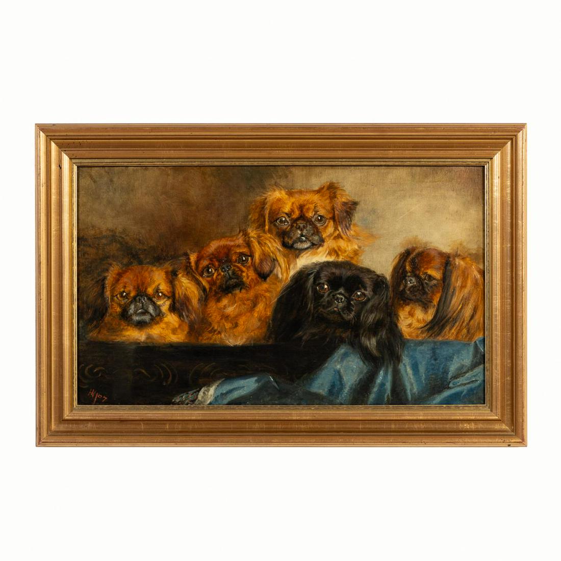 FIVE PEKINGESE, OIL ON CANVAS DOG PAINTING 1907 (1 of 4)