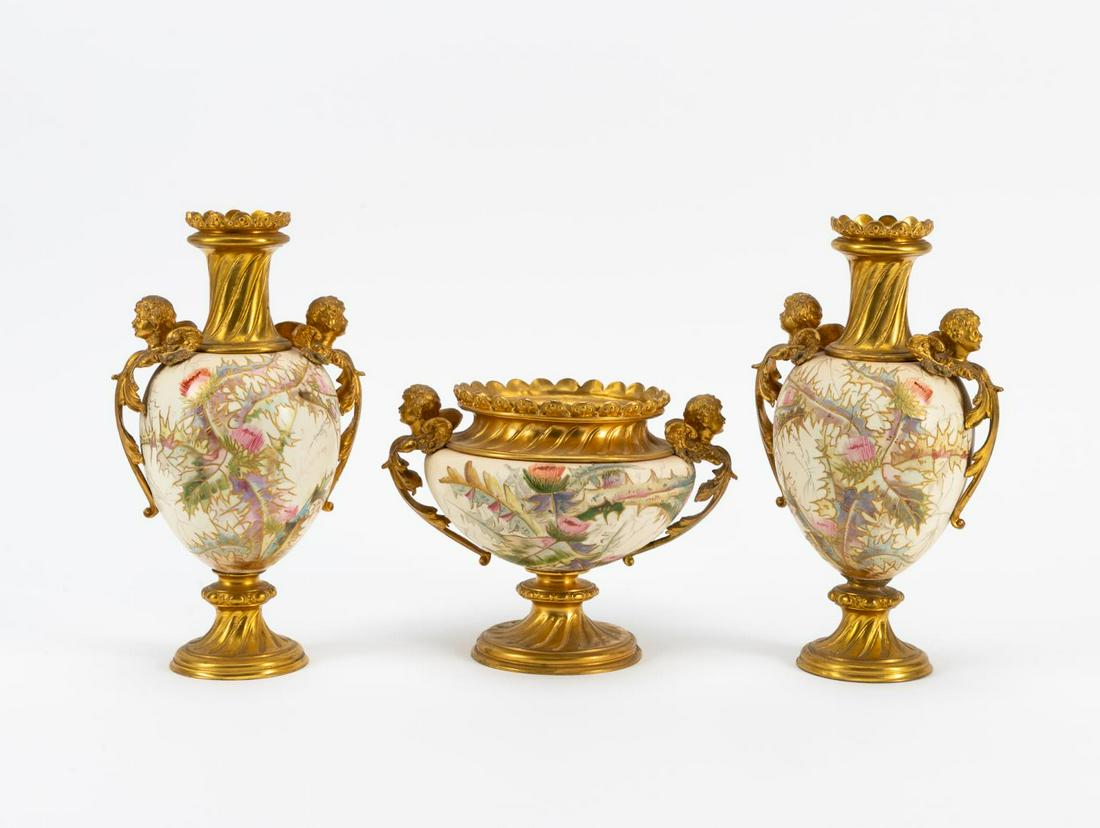 3 PC GILT METAL & FOLIATE CERAMIC GARNITURE SET (1 of 8)