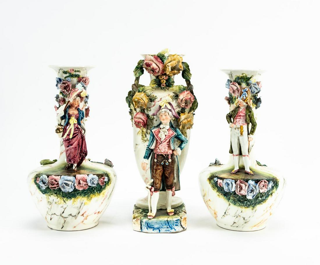 CONTINENTAL FIGURAL & FLORAL GARNITURE VASES, 3PC (1 of 7)
