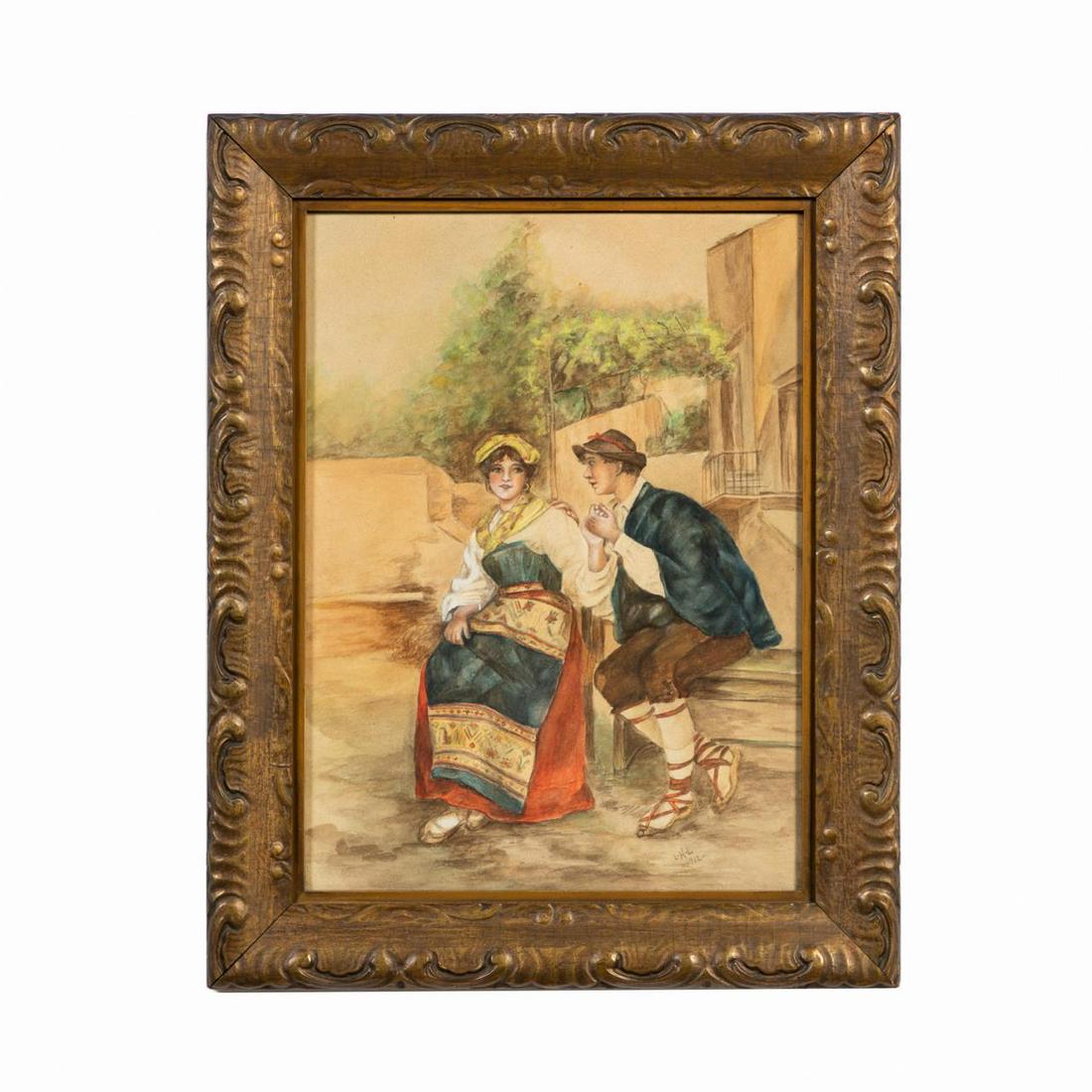 CONTINENTAL SCHOOL, COURTING SCENE, WATERCOLOR (1 of 3)