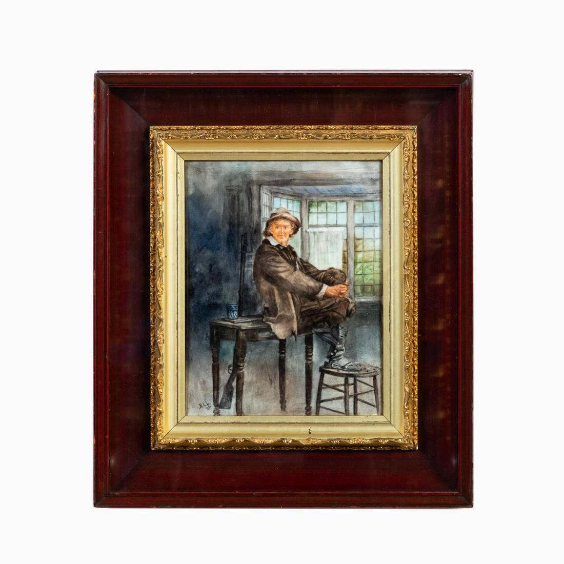 MAN IN INTERIOR, FRAMED PORCELAIN PAINTED PLAQUE (1 of 6)