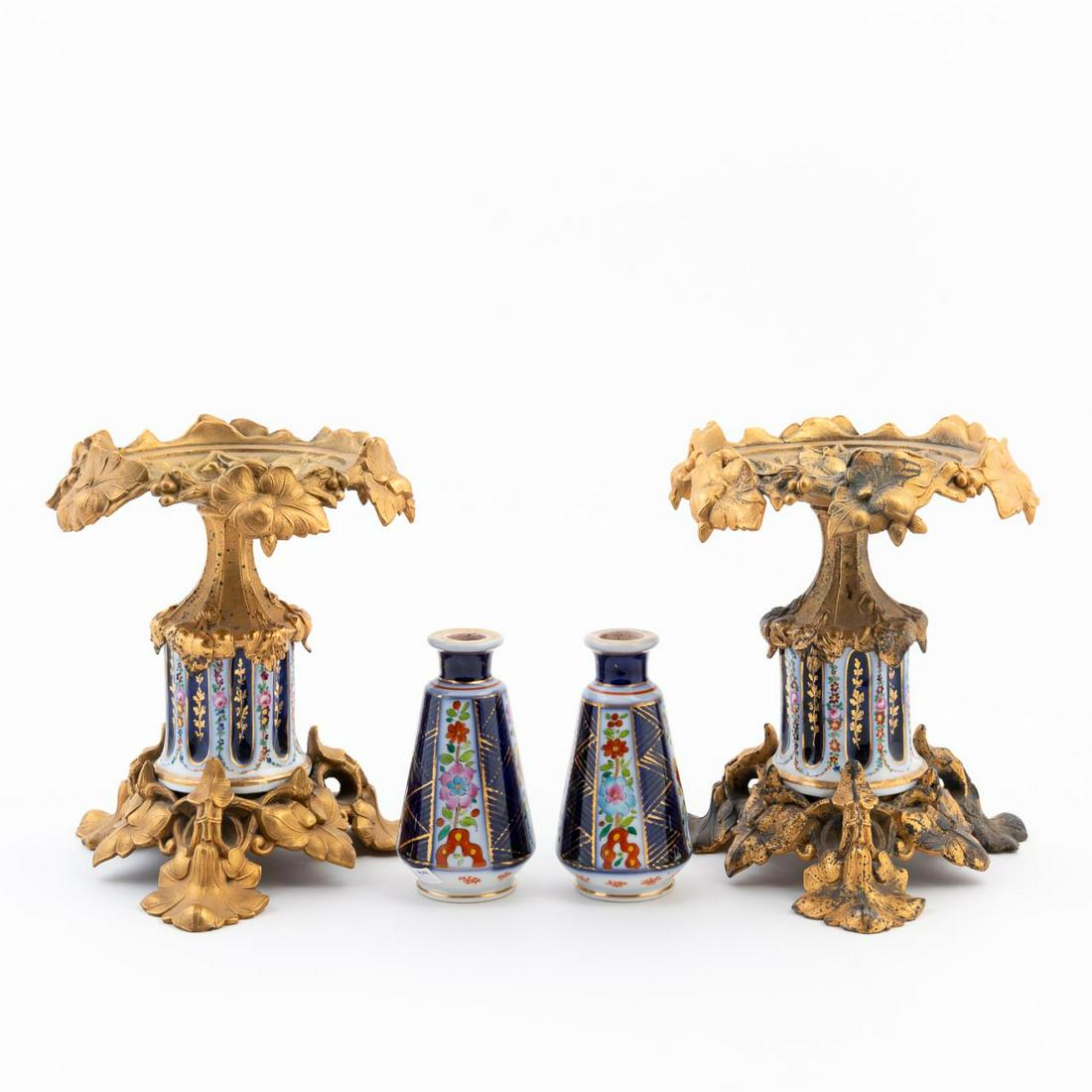 2 GILT METAL PORCELAIN TAZZA & 2 SMALL BLUE VASES (1 of 7)