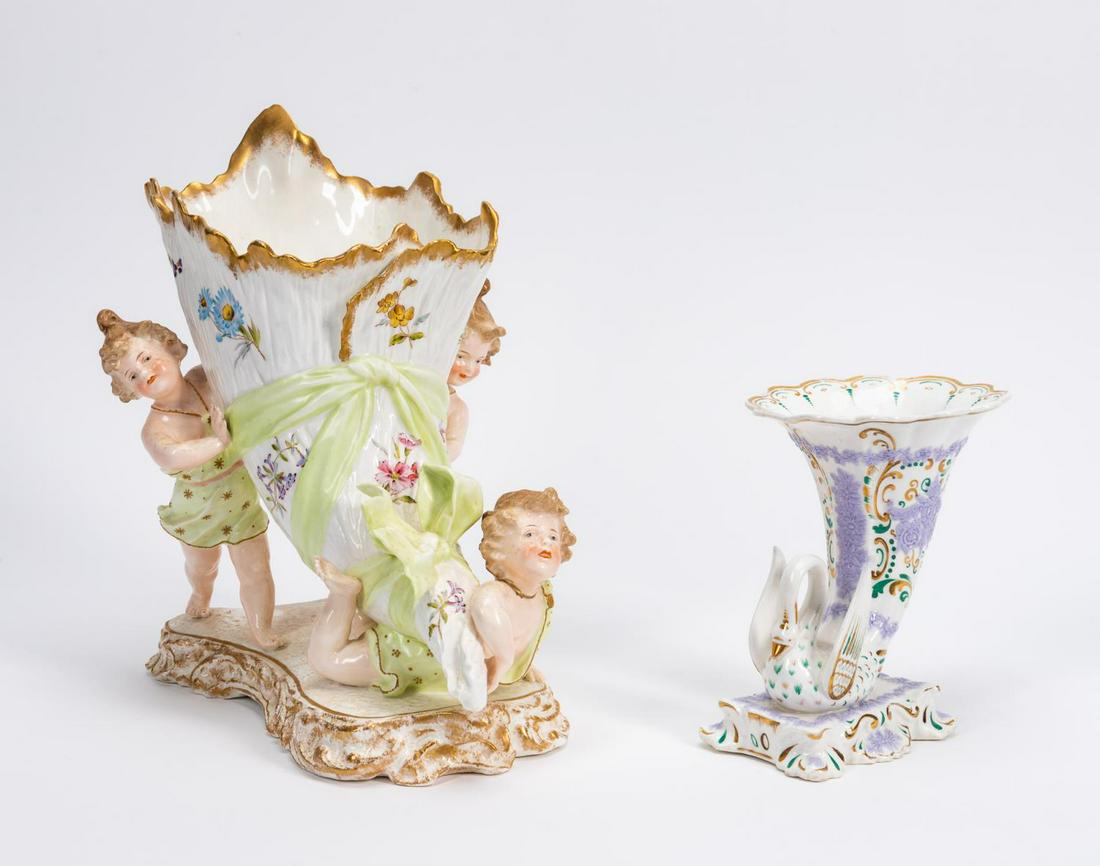 TWO CONTINENTAL PORCELAIN CORNUCOPIA VASES (1 of 6)