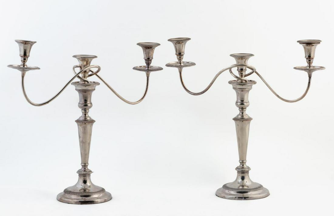 PAIR, ENGLISH SILVERPLATE THREE-LIGHT CANDELABRA (1 of 4)