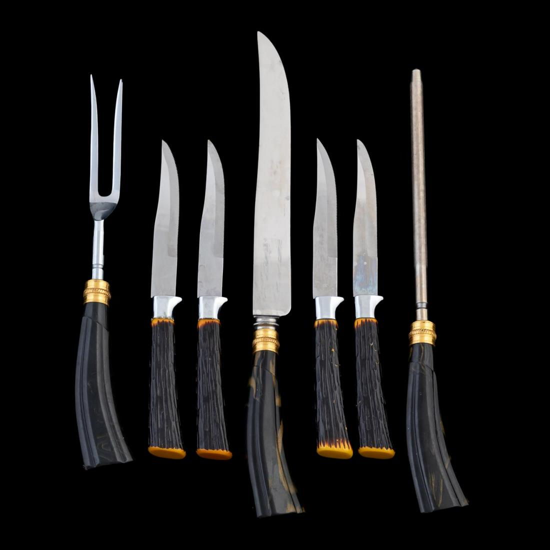 ENGLISH FAUX HORN CARVING SET AND KNIVES, 7PC (1 of 4)