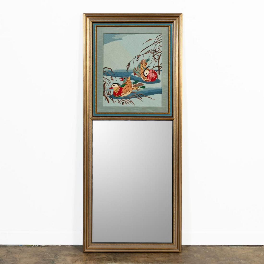 20TH C. DUCK NEEDLEPOINT TRUMEAU MIRROR (1 of 4)