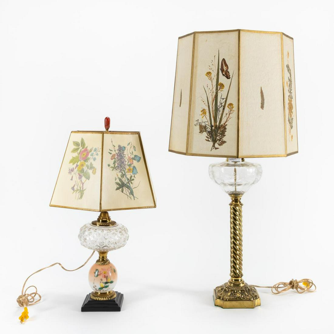 TWO 19TH C. CONVERTED OIL LAMPS WITH FLORAL SHADES (1 of 8)