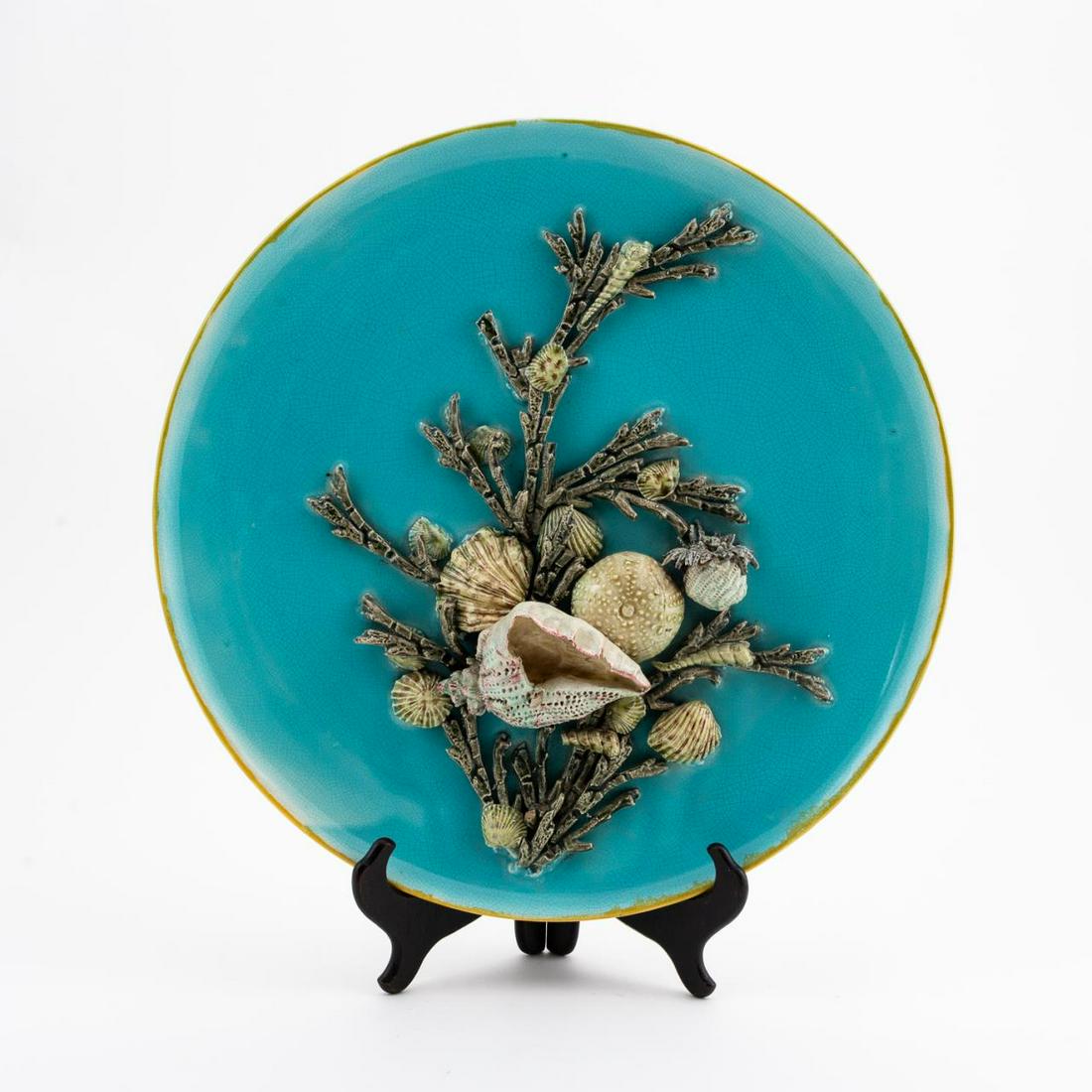 S. FIELDING MAJOLICA BLUE CHARGER, SEA SHELLS (1 of 6)