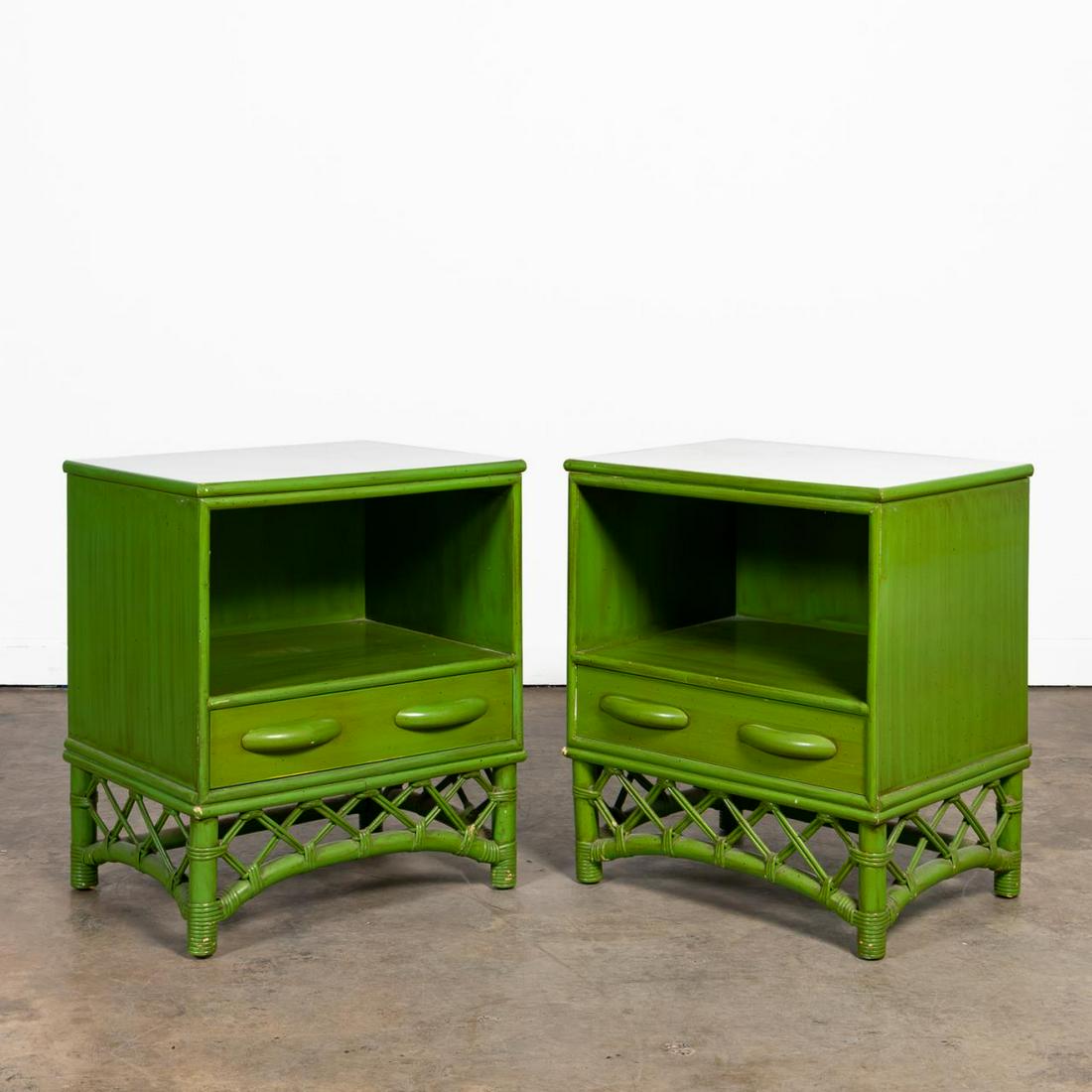 PAIR, MCM GREEN PAINTED FAUX BAMBOO NIGHTSTANDS (1 of 4)