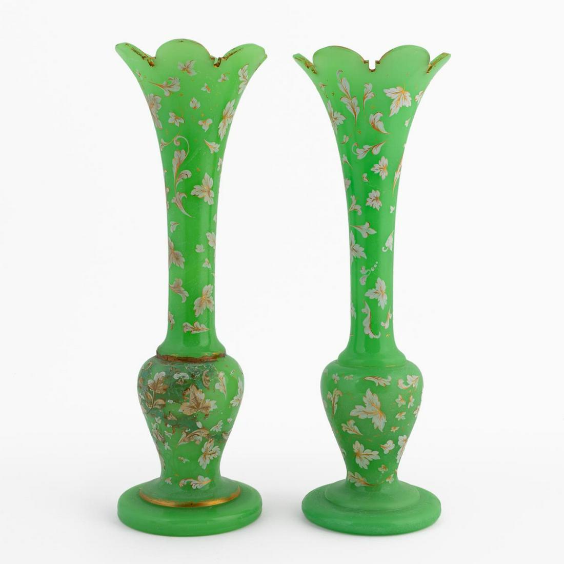 PR. OPALINE APPLE GREEN ENAMELED SATIN GLASS VASES (1 of 7)