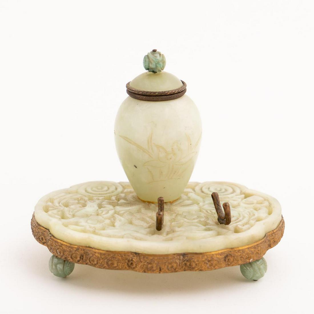 CHINESE CELADON NEPHRITE INKWELL & PEN REST (1 of 6)