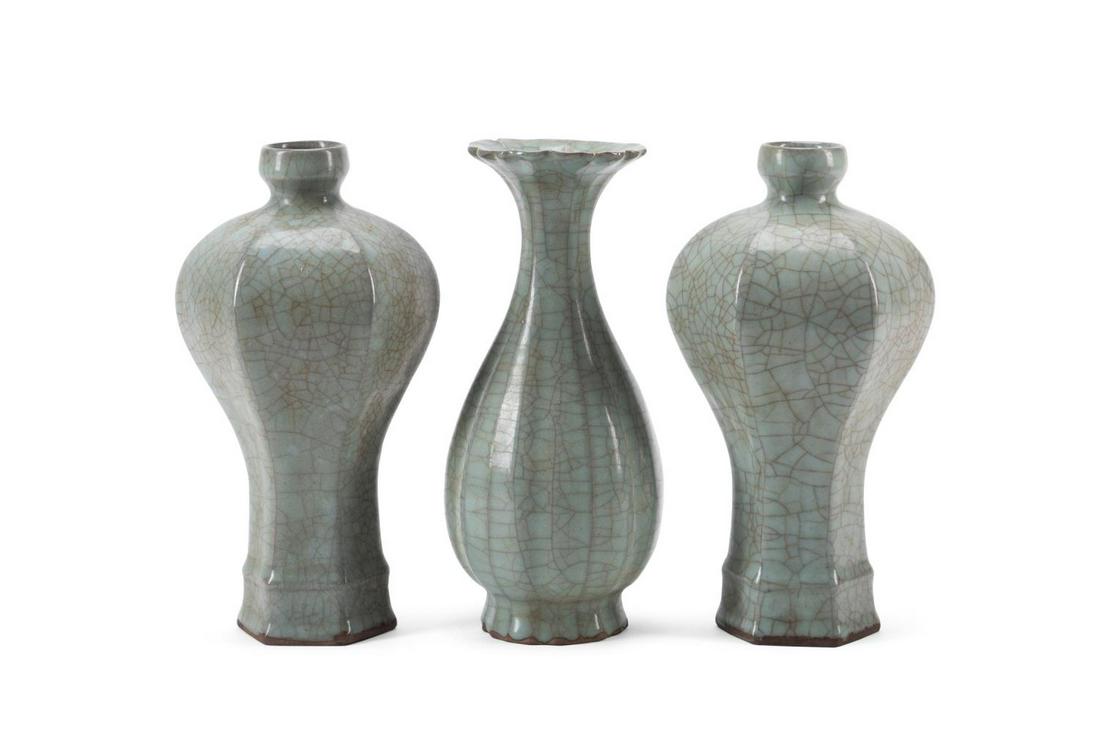 3 CHINESE GE WARE TYPE PORCELAIN CELADON VASES (1 of 6)