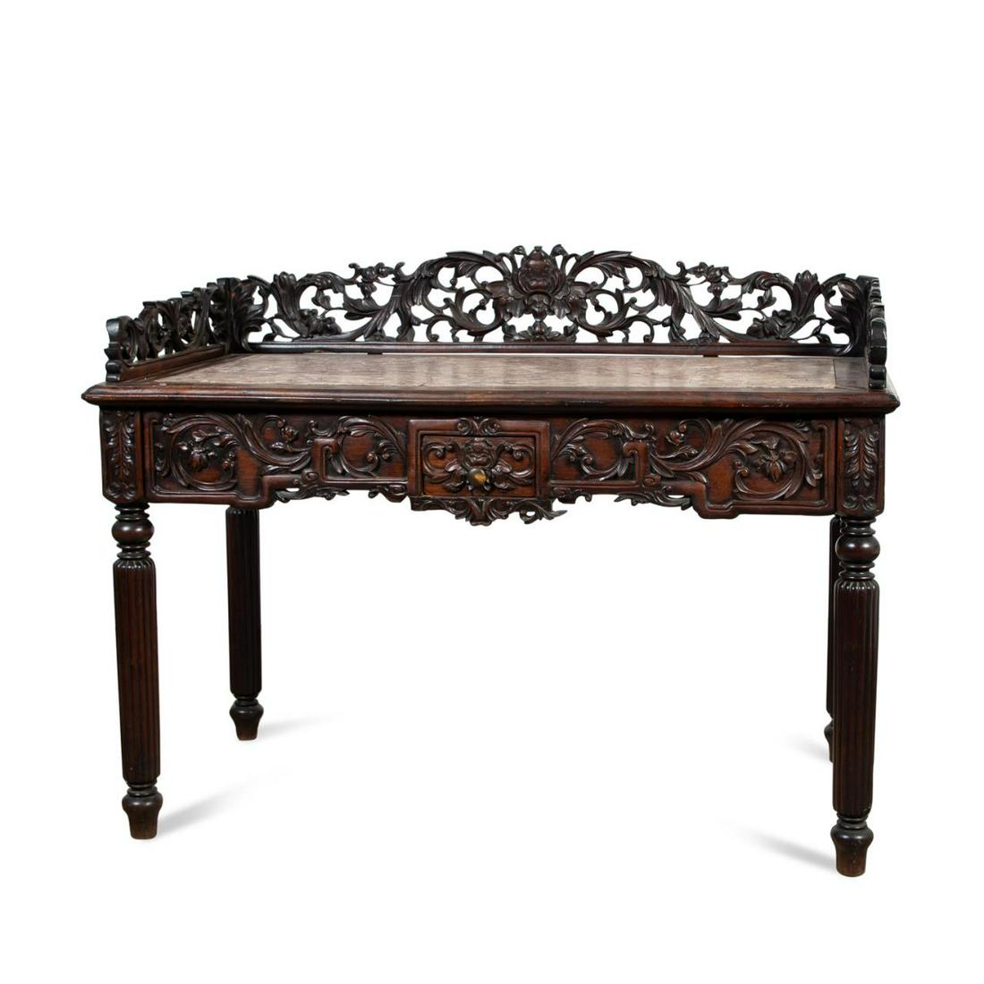 ANGLO-CHINESE CARVED HARDWOOD & MARBLE DESK (1 of 12)