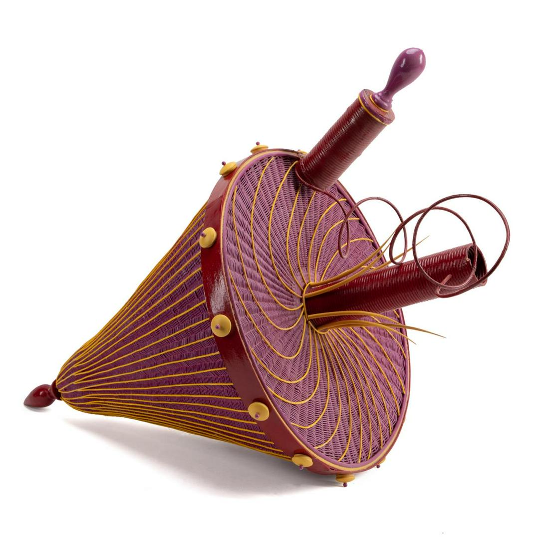 MICHAEL DAVIS "TOPLESS II" RED & YELLOW SCULPTURE: Michael Davis (American, born 1952), "Topless II" enamel and acrylic painted reed and wooden sculpture. Apparently unmarked. Note: The sculpture "Topless" is in the collection of the Renwick Gallery,