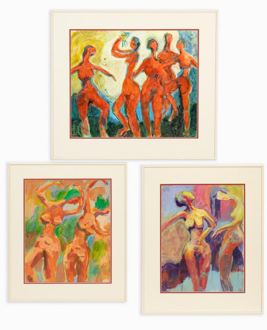SOPHIE GAU-LEWIS 'RYTHM" 3 GESTURAL NUDES ON PAPER: Sophie Gau-Lewis, (American 20th cent..) "Rythm" three dancing abstract nudes, executed in acrylic on paper, each signed at lower left, one titled and signed to back of matting. (Sight) approx. h. 18.