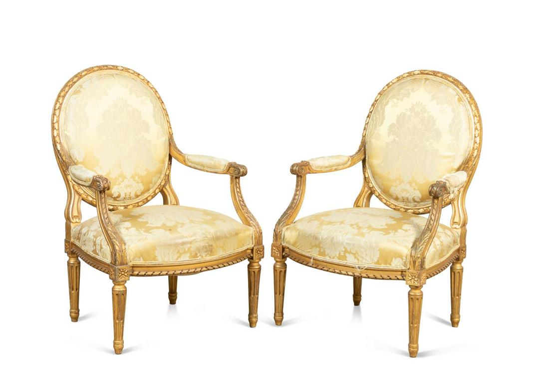 PAIR LOUIS XVI STYLE GILT WOOD FAUTEUILS (1 of 6)