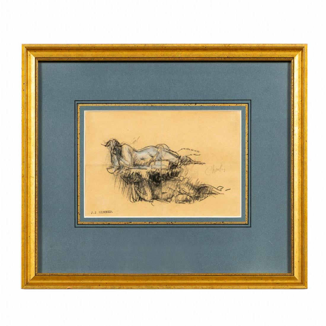 JJ HENNER, NYMPH ENDORMIE, FEMALE NUDE, DRAWING: Jean-Jacques Henner (French, 1829-1905), "Reclining Female Nude", oil pastel and body color. Stamped lower left. Approx. h. 11.75", w. 13.75" (frame), h. 5", w. 7.5" (sight).