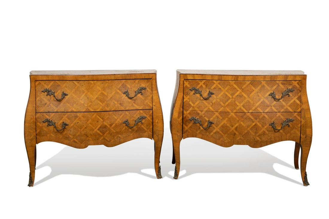 PAIR, LOUIS XV-STYLE PARQUETRY BOMBE COMMODES (1 of 8)