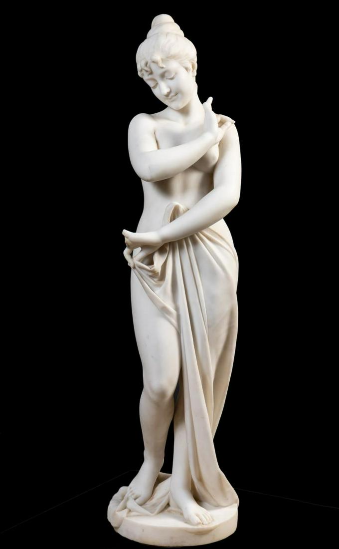 CLASSICAL SEMI-NUDE FEMALE MARBLE SCULPTURE: Continental school, early 20th century, Classical style white marble sculpture depicting a semi-nude draped standing female. Partially obscured signature, "G. La....." 1902 or 1909. Approx. h. 45.25"