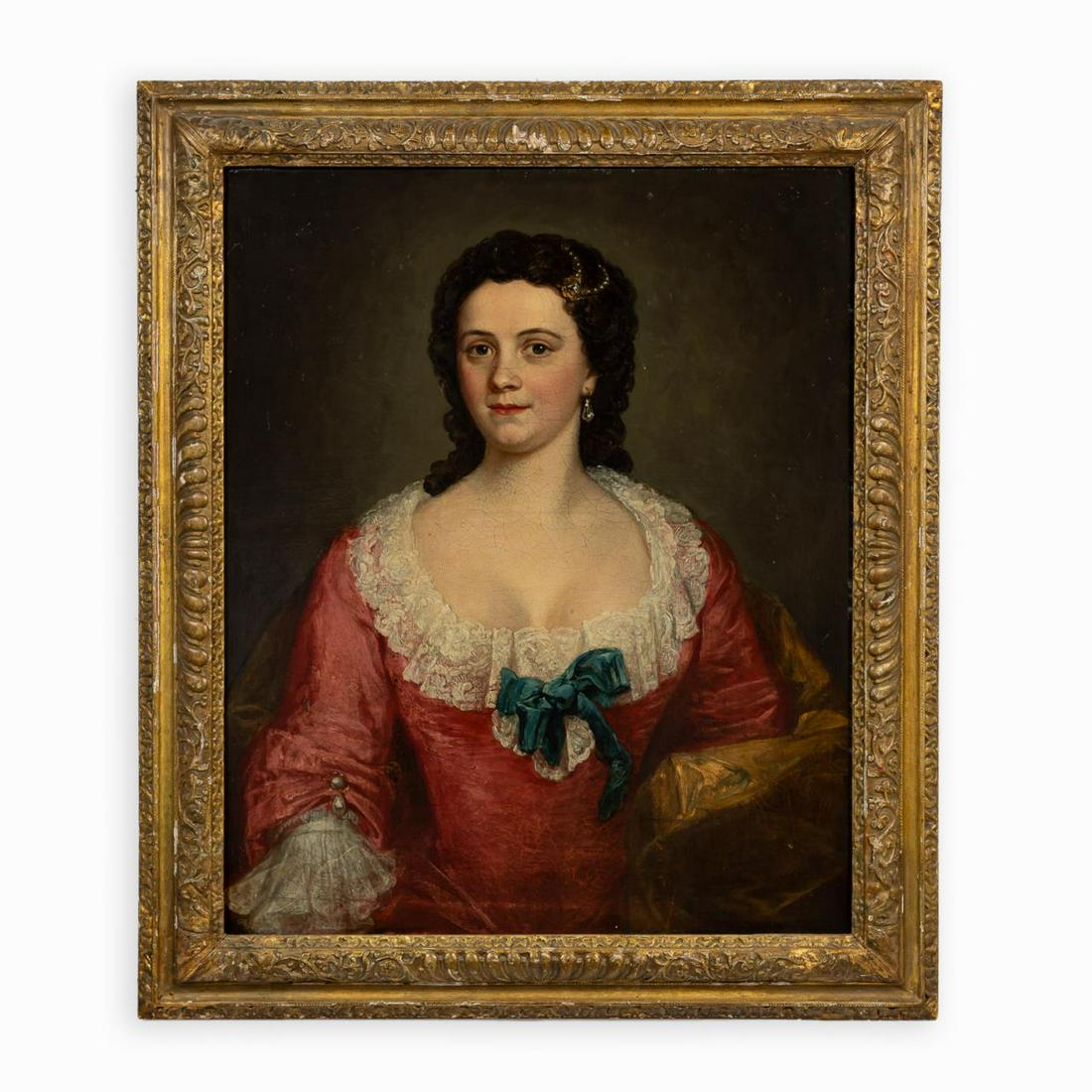 19TH C. LADY WITH BLUE BOW, OIL ON CANVAS PORTRAIT (1 of 4)