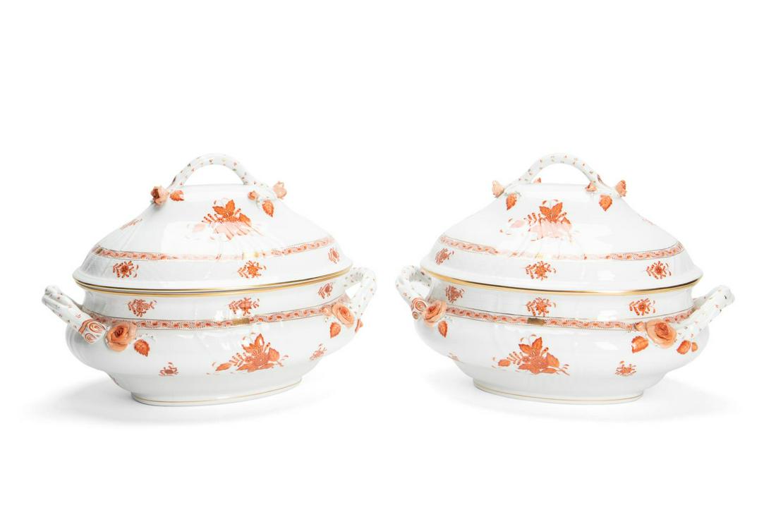 PAIR, HEREND RUST CHINESE BOUQUET LIDDED TUREENS (1 of 8)