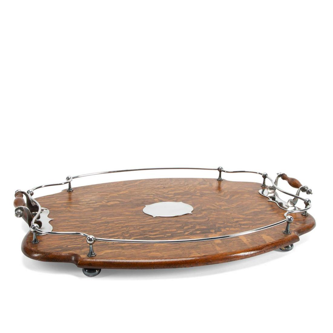E. 20TH C. ENGLISH OAK & SILVERPLATE SERVING TRAY (1 of 5)