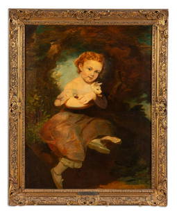 SIR HENRY RAEBURN, "CHILD WITH A KITTEN": Sir. Henry Raeburn (Scottish, 1756-1823), 19th century. "Child With A Kitten", oil on canvas painting depicting a child holding a kitten in a landscape, framed. Apparently unsigned. Accompanied by a l