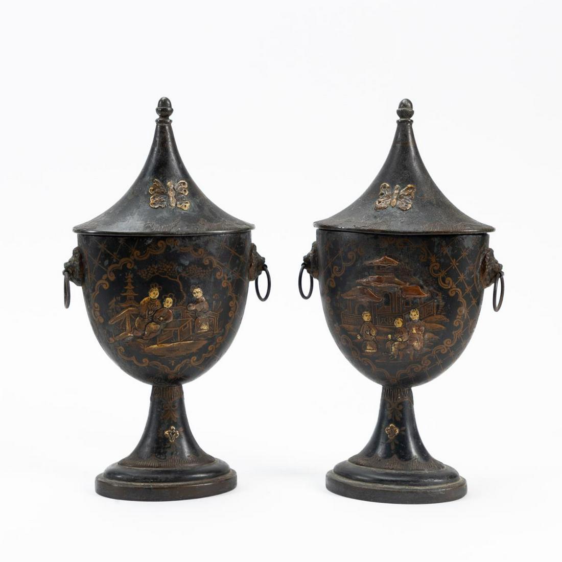 19TH C. CHINOISERIE DECORATED PEWTER CHESTNUT URNS (1 of 10)