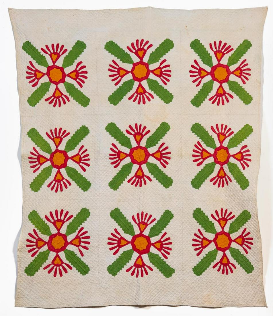 HAND QUILTED COCKSCOMB APPLIQUE VARIATION QUILT (1 of 5)