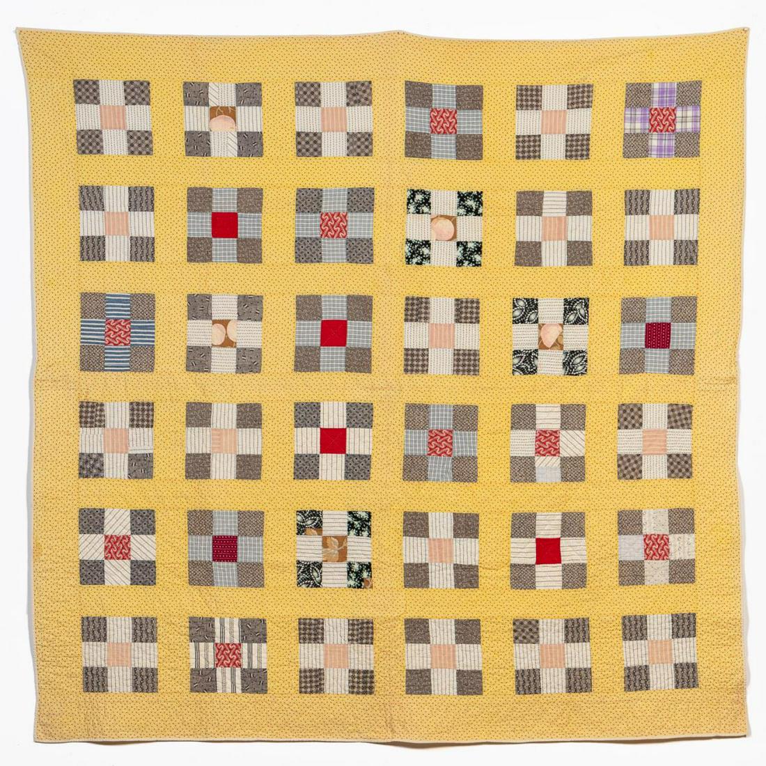 HAND QUILTED COTTON NINE PATCH PATTERN QUILT (1 of 7)